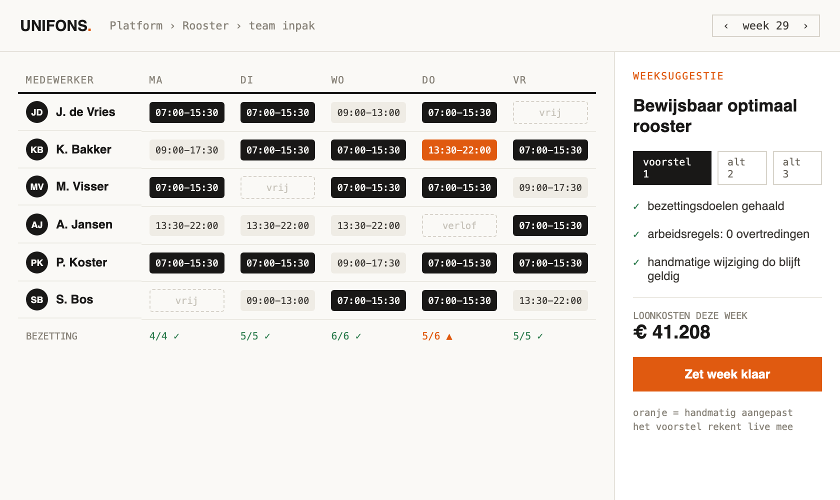 Unifons Platform: rooster met weeksuggestie, bewijsbaar optimaal en live gevalideerde arbeidsregels